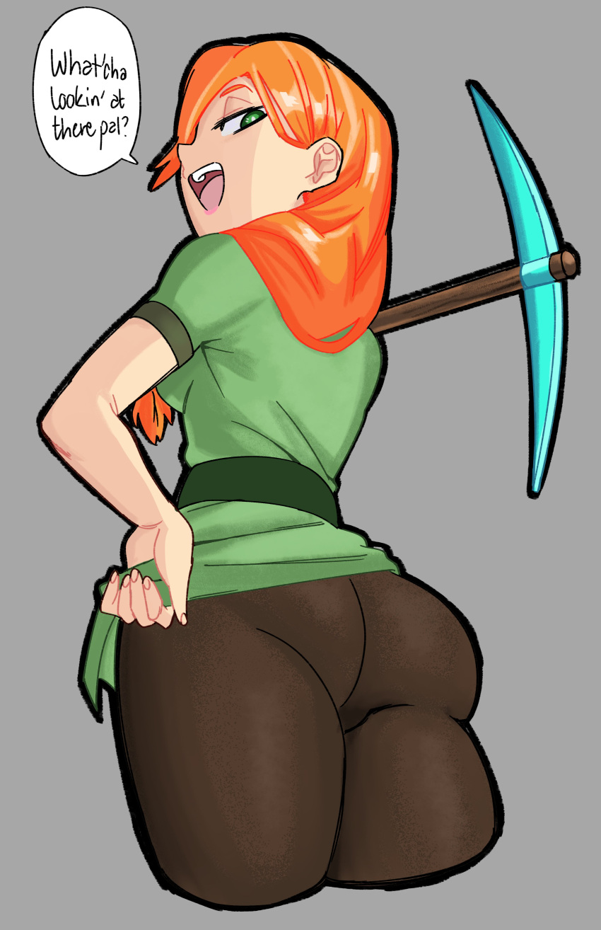 1girl, absurdres, alex_(minecraft), ass, breasts, bright_pupils, brown_legwear, commentary, cropped_legs, diamond_pickaxe, dress, dress_lift, english_text, fingernails, from_behind, green_dress, green_eyes, grey_background, hand_on_hip, highres, holding, holding_weapon, long_hair, looking_at_viewer, looking_back, minecraft, naughty_face, open_mouth, orange_hair, pants, pink_lips, short_sleeves, solo, speech_bubble, symbol_commentary, thick_thighs, thighs, upper_teeth, void_dot_exe, weapon, white_pupils