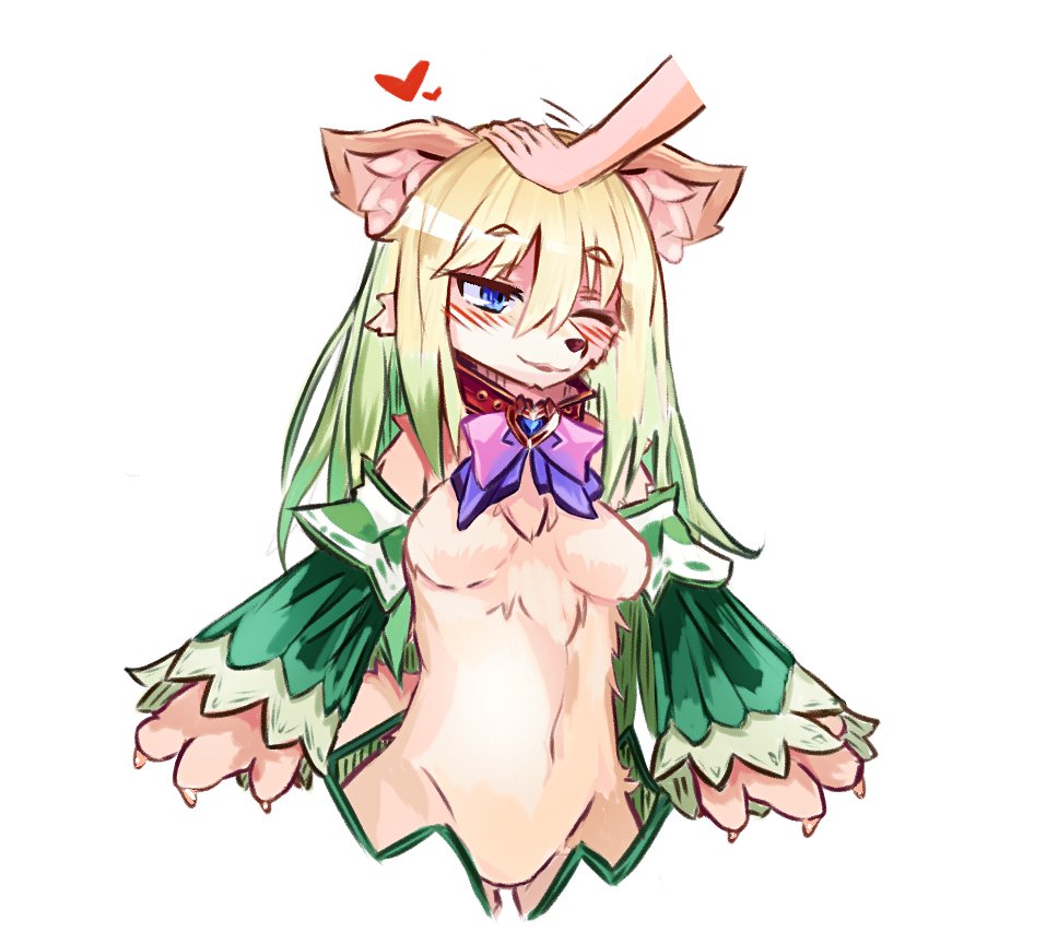 1girl, :3, animal_ear_fluff, animal_ears, blonde_hair, blue_eyes, blush, breasts, brown_fur, claws, collar, cu_sith_(monster_girl_encyclopedia), dog_ears, dog_girl, eyebrows_visible_through_hair, furry, gradient_hair, green_hair, hair_between_eyes, happy, heart, long_hair, medium_breasts, monster_girl_encyclopedia, multicolored_hair, nuggets_(cokekock), one_eye_closed, petting, simple_background, smile, snout, solo_focus, white_background