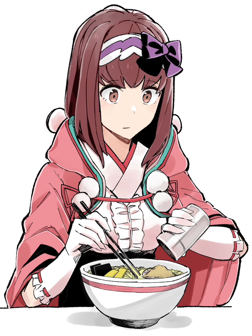 1girl, bow, bowl, brown_eyes, brown_hair, chopsticks, cloak, eyebrows_visible_through_hair