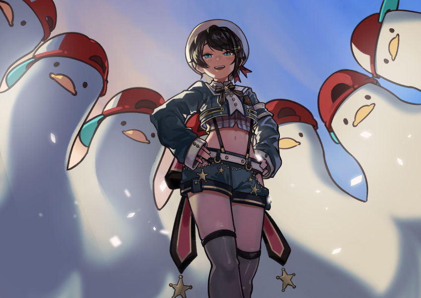 1girl, absurdres, backwards_hat, bangs, baseball_cap, bird, black_bow, blue_jacket