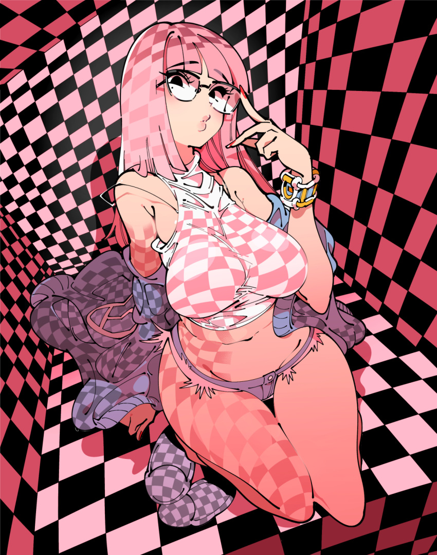 1girl, belly, black_eyes, blue_sweater, breasts, checkered, checkered_ceiling, checkered_floor, checkered_wall, clenched_hand, denim, denim_shorts, fingernails, glasses, highres, kafun, large_breasts, long_fingernails, looking_at_viewer, midriff, mole, mole_under_eye, navel, off_shoulder, original, pink_hair, puckered_lips, red_nails, seiza, short_shorts, shorts, sitting, solo, sweater, watch, watch, wide_hips