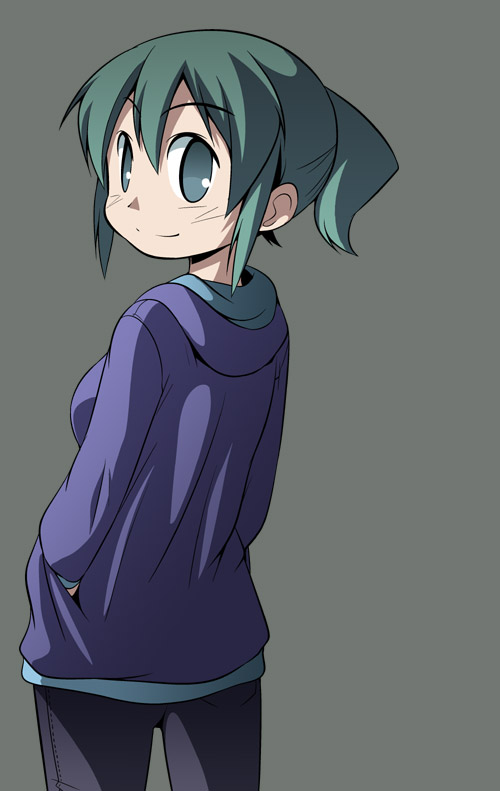 celebi_ryousangata, green_eyes, green_hair, hands_in_pockets, hidamari_sketch, hoodie, jeans, looking_back