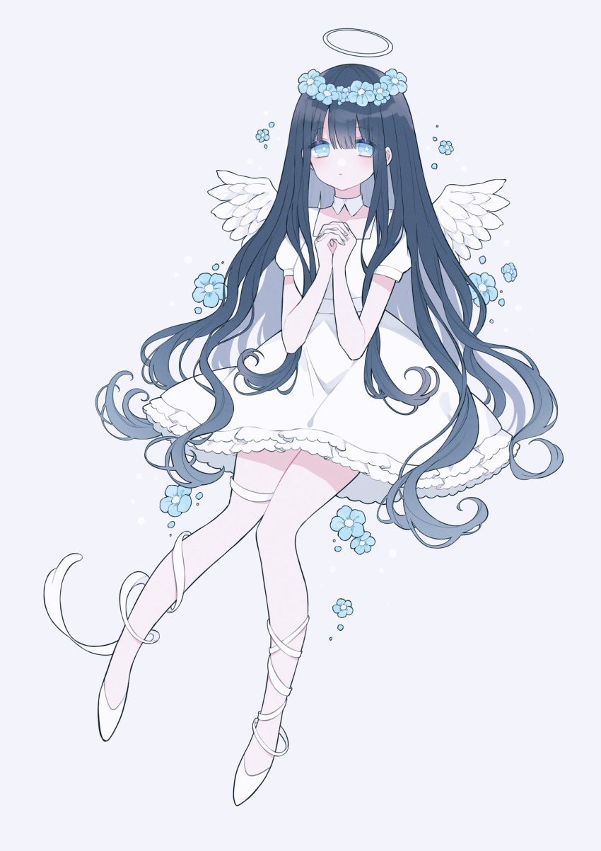 1girl, angel, angel_wings, blue_background, blue_flower, blue_hair, blue_theme, closed_mouth