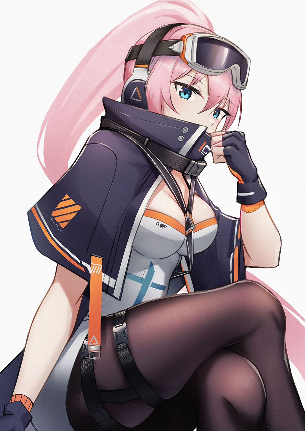 1girl, blue_eyes, breasts, crossed_legs, girls_frontline, gloves, high_ponytail, highres, lodbyy, long_hair, medium_breasts, pantyhose, pink_hair, solo, valmet_m82_(girls_frontline), very_long_hair