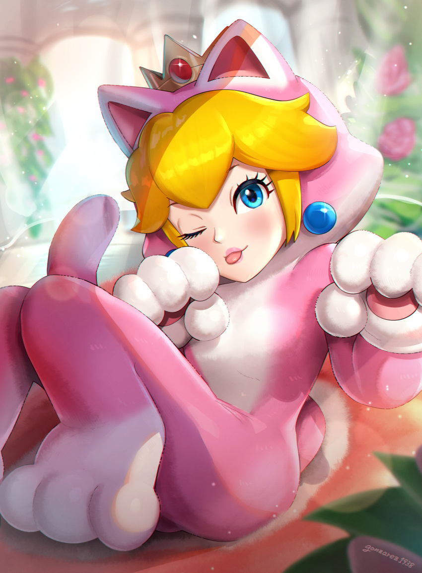 1girl, animal_costume, blonde_hair, blue_eyes, cat_costume, crown, gloves, gonzarez