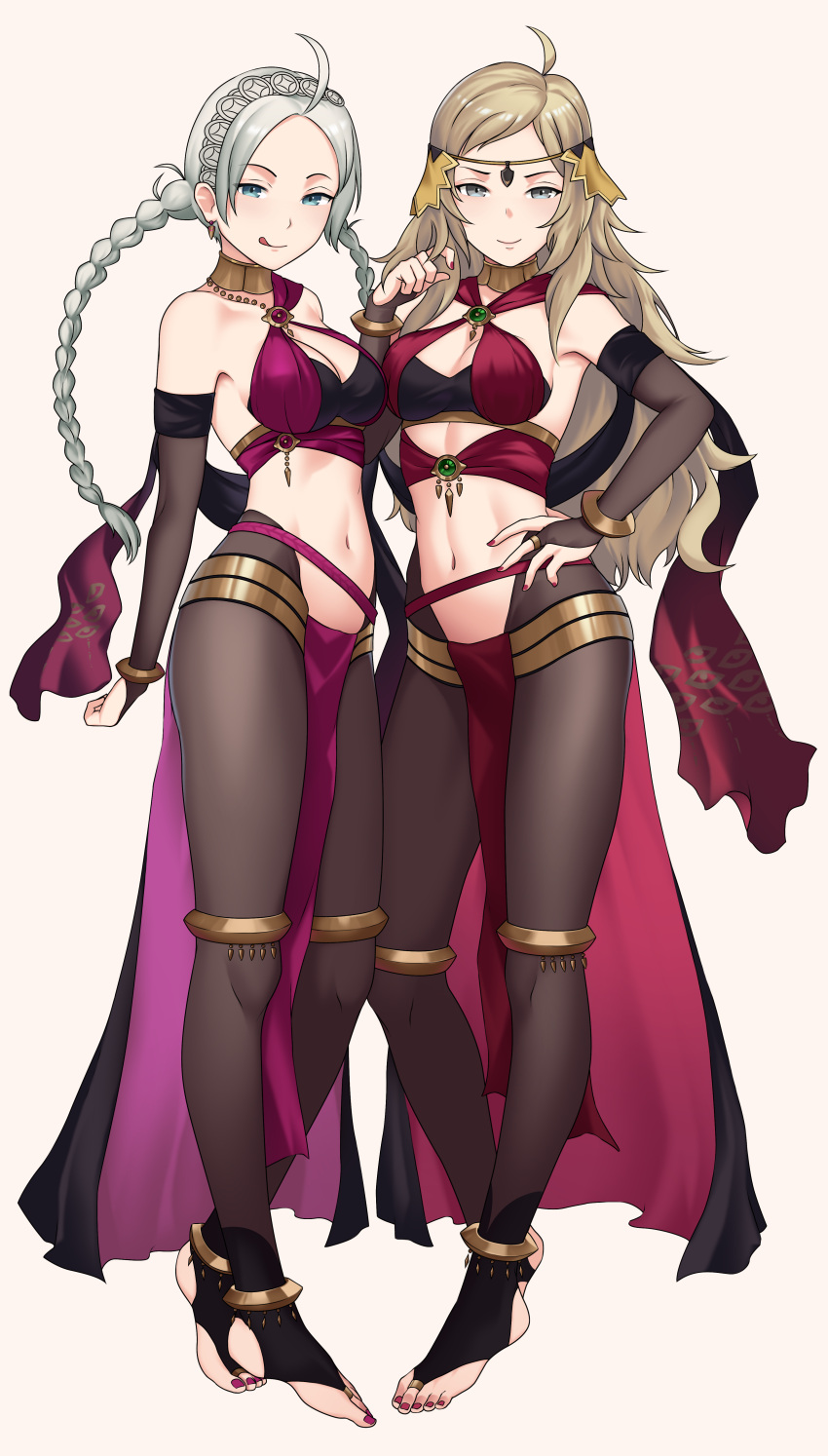 2girls, absurdres, ahoge, bare_shoulders, blonde_hair, breasts, bushidokuroi, commission