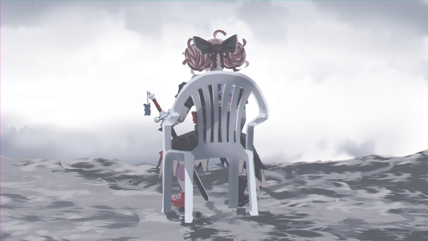 1girl, absurdres, ahoge, black_bow, bow, chair, devil_may_cry, devil_may_cry_(series)