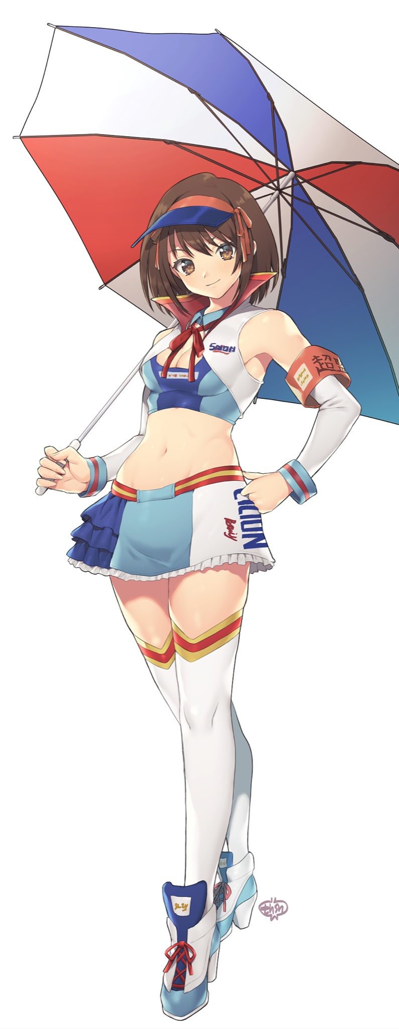 1girl, armband, blue_skirt, brown_eyes, commentary_request, commission, crop_top, detached_sleeves