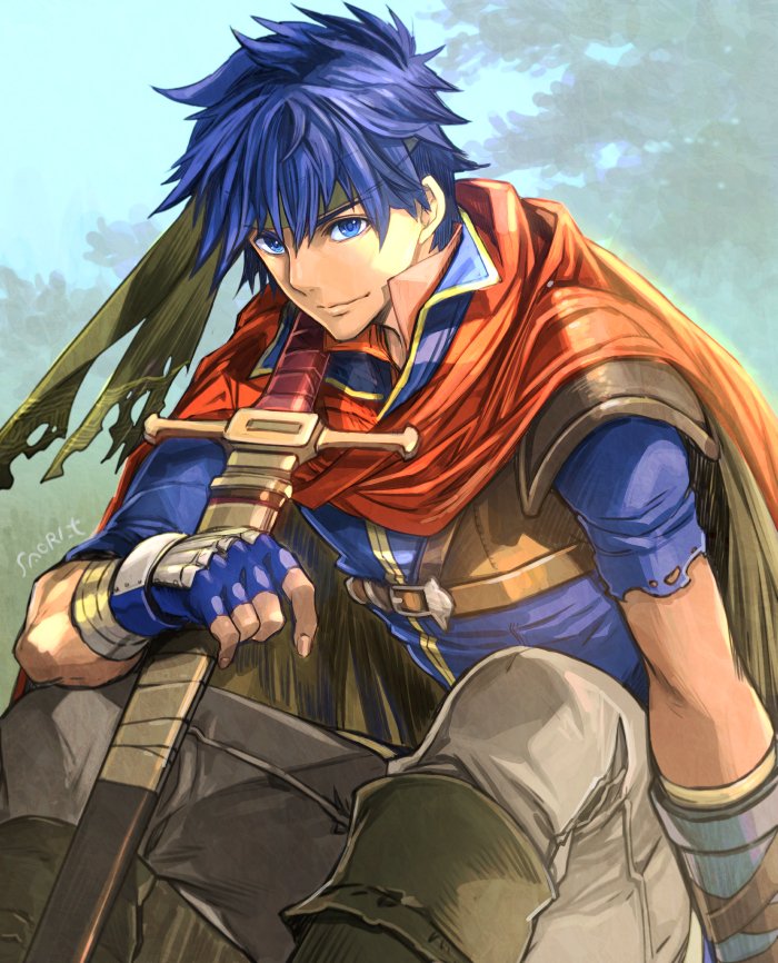 1boy, armor, bangs, blue_eyes, blue_gloves, blue_hair, boots, cape