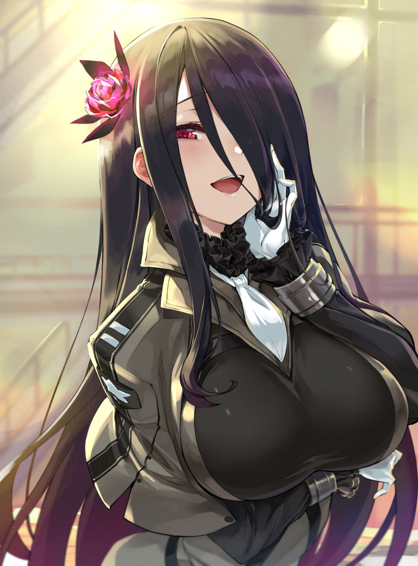 1girl, ash_arms, black_hair, breasts, eyebrows_visible_through_hair, eyes_visible_through_hair, flower, frills