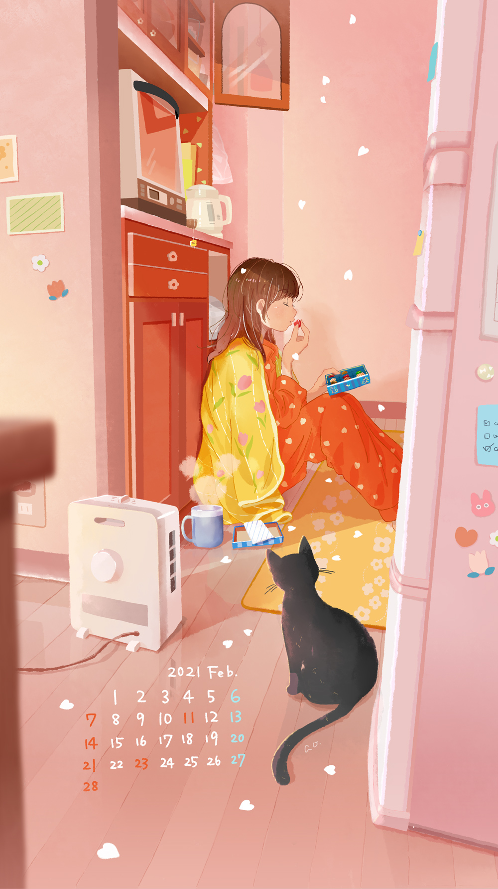 1girl, animal, ao_(aohari), black_cat, brown_hair, cat, chocolate, cup, eating, food, highres, holding, holding_food, indoors, jacket, jacket_on_shoulders, knees_up, legs_together, long_hair, original, pajamas, sitting