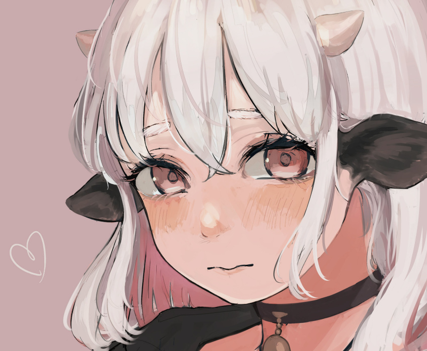 1girl, absurdres, animal_ears, aster_drawing, bell, bell_choker, black_choker, blush, brown_background, choker, closed, cow_ears, cow_girl, cow_horns, cropped, face, hair_between_eyes, heart, highres, horns, medium_hair, multicolored, multicolored_hair, original, pink_eyes, pink_hair, simple_background, solo, white_hair