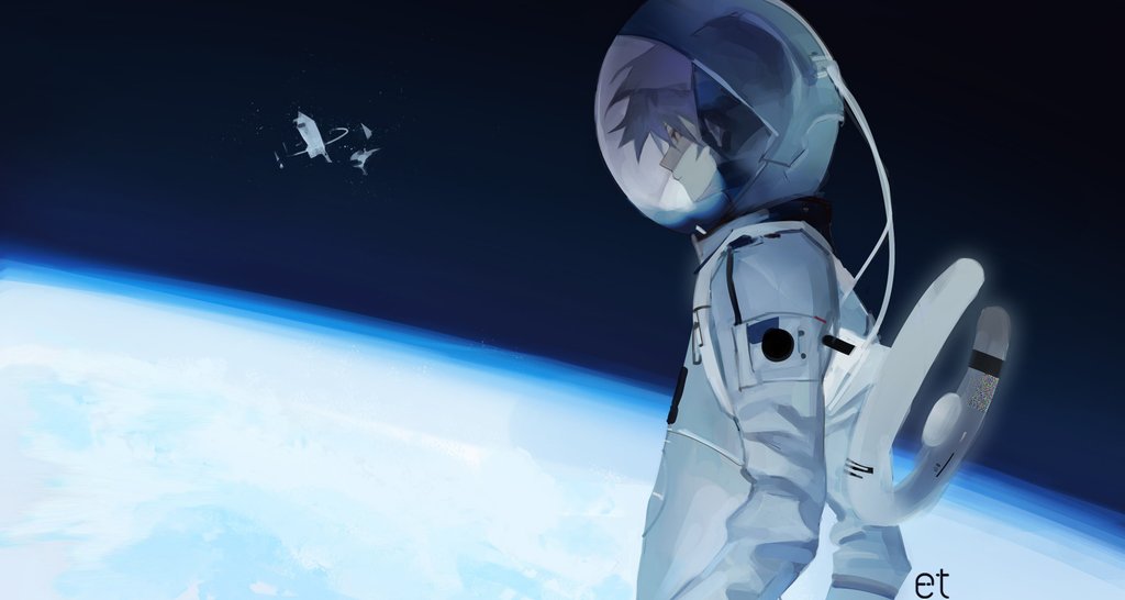 1boy, astronaut, blue_hair, closed_mouth, debris, earth_(planet), et_atr3, floating, helmet, male_focus, original, planet, science_fiction, signature, solo, space, space_craft, space_helmet