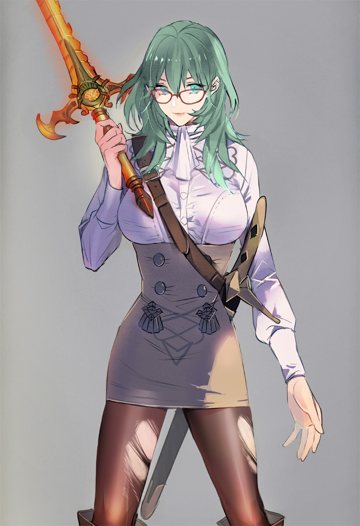 1girl, amu_(nsk0), bangs, bare_legs, belt, blue_eyes, breasts, byleth_(fire_emblem), byleth_eisner_(female), fire_emblem, fire_emblem:_three_houses, garreg_mach_monastery_uniform, glasses, green_hair, grey_background, hair_between_eyes, high-waist_skirt, holding, holding_weapon, large_breasts, leggings, long_hair, long_sleeves, looking_at_viewer, sheath, sheathed, simple_background, skirt, solo, sword, thigh_gap, torn_clothes, torn_legwear, uniform, weapon