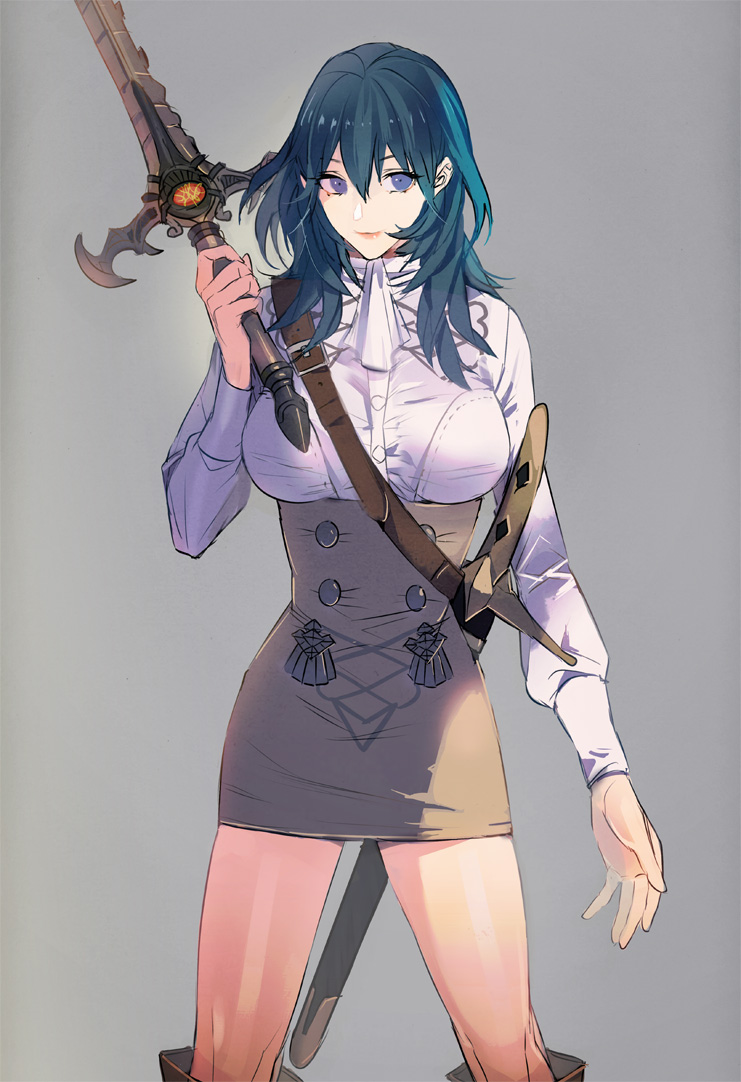 1girl, amu_(nsk0), bangs, bare_legs, belt, blue_eyes, blue_hair, breasts, byleth_(fire_emblem), byleth_eisner_(female), fire_emblem, fire_emblem:_three_houses, garreg_mach_monastery_uniform, grey_background, hair_between_eyes, high-waist_skirt, holding, holding_weapon, large_breasts, leggings, long_hair, long_sleeves, looking_at_viewer, sheath, sheathed, simple_background, skirt, solo, sword, thigh_gap, torn_clothes, torn_legwear, uniform, weapon