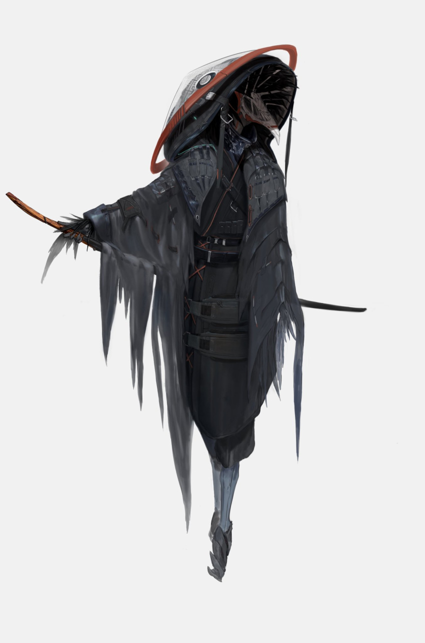 1boy, animal_skull, belt, bird_skull, black_hair, claws, cloak, facial_mark, feather_trim, grey_background, grey_cloak, hat, highres, holding, holding_sword, holding_weapon, male_focus, medium_hair, original, pouch, simple_background, skull, skull_mask, solo, standing, sword, toriseka, torn, torn_clothes, weapon