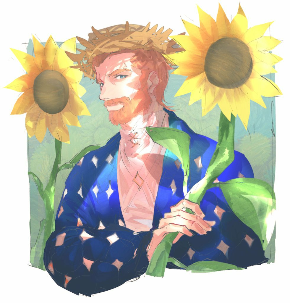 1boy, bangs, beard, blue_eyes, blue_jacket, border, cosplay, facial_hair