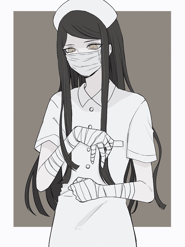 1boy, bandaged_arm, bandaged_hands, bandages, bangs, black_hair, border, brown_background