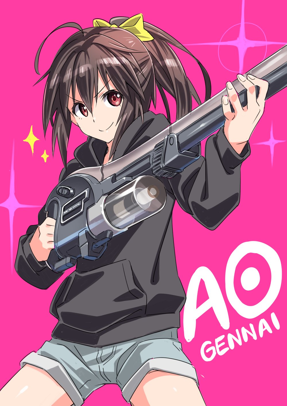 1girl, ahoge, brown_hair, frame_arms_girl, gennai_ao, gun, hair_ribbon, highres