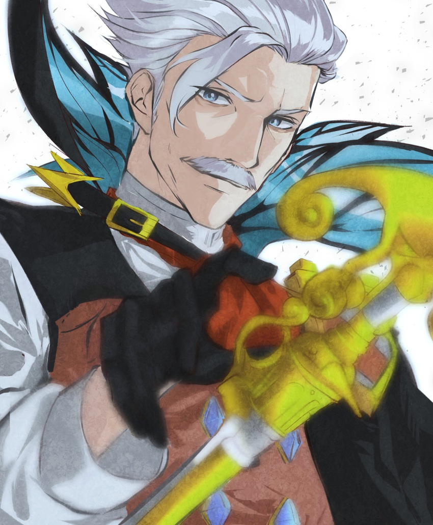 1boy, black_gloves, blue_eyes, blurry_foreground, cane, collar_up, facial_hair, fate/grand_order