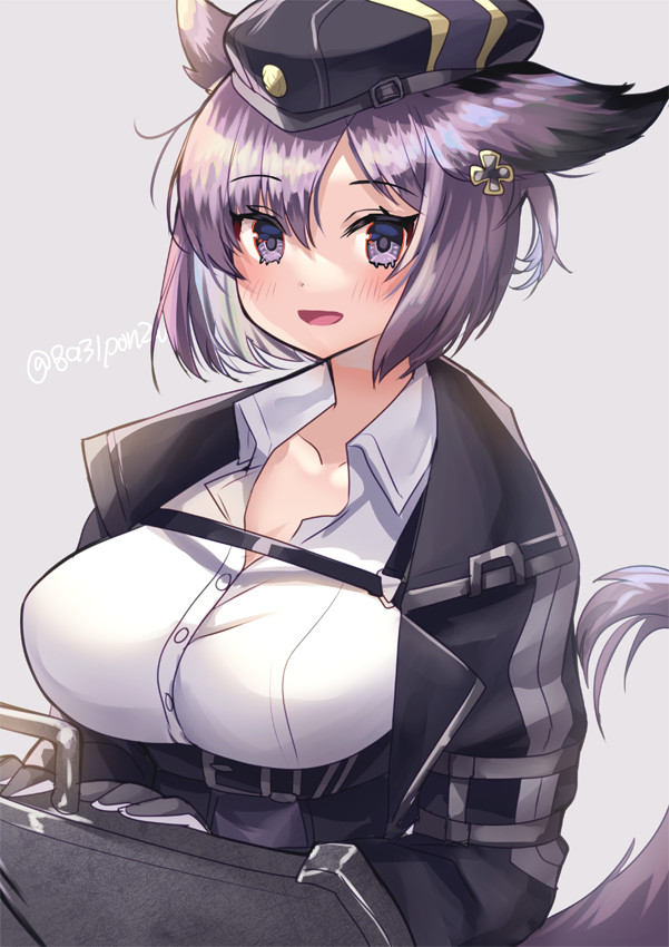 1girl, :d, animal_ears, arknights, bangs, black_gloves, black_headwear, black_jacket