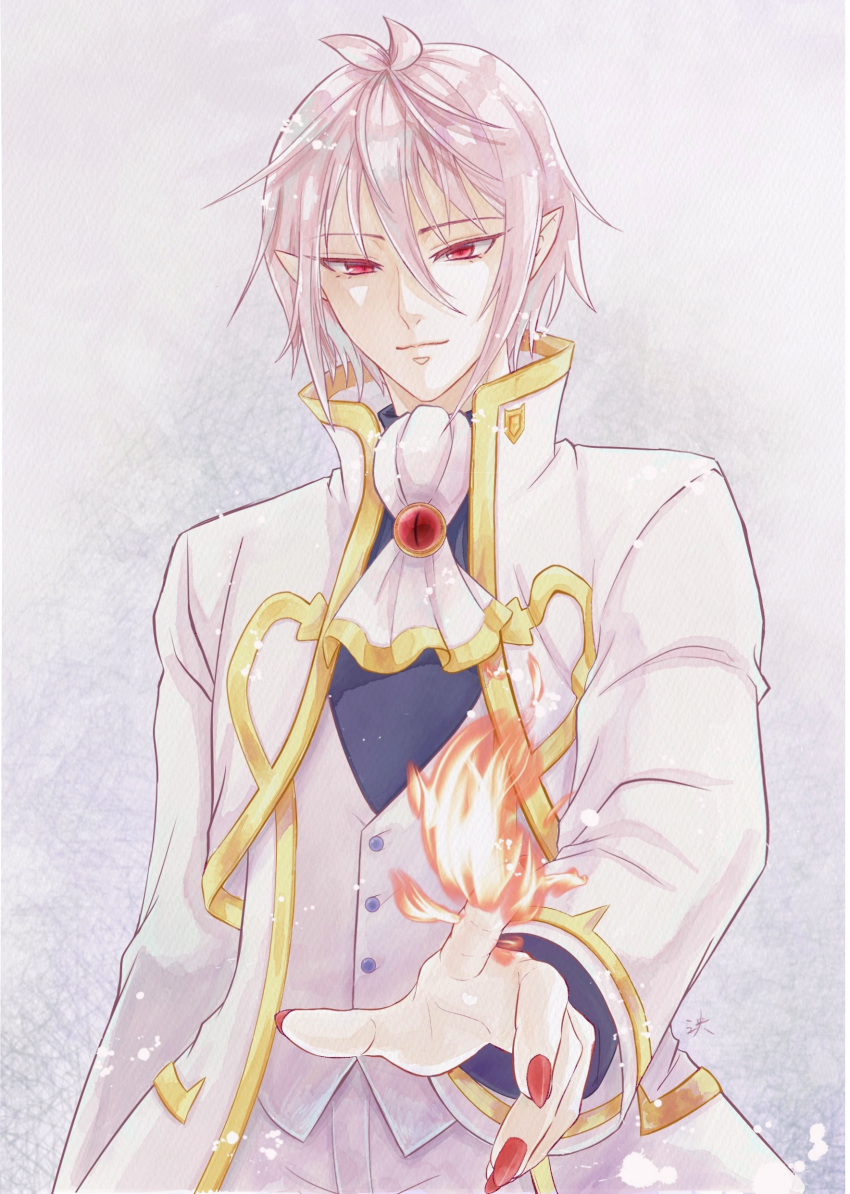 1boy, absurdres, asmodeus_alice, fire, formal, gold_trim, hair_between_eyes, highres