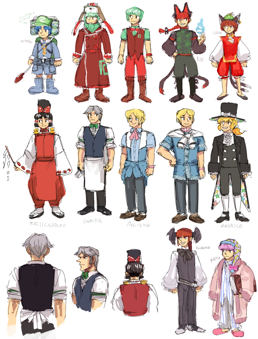 animal_ears, apron, blonde_hair, book, bowtie, braid, brown_hair, cat_ears, cat_tail, chen, coat, crescent, crescent_moon, emlan, fire, fur_hat, genderswap, green_hair, grey_hair, hair_ribbon, hakurei_reimu, hat, head_wings, headwings, highres, izayoi_sakuya, jacket, japanese_clothes, kaenbyou_rin, kagiyama_hina, kawashiro_nitori, kirisame_marisa, koakuma, nightcap, pajamas, patchouli_knowledge, ponytail, purple_hair, red_hair, redhead, ribbon, scarf, scarve, slippers, tail, top_hat, touhou, ushanka, vest, waiter