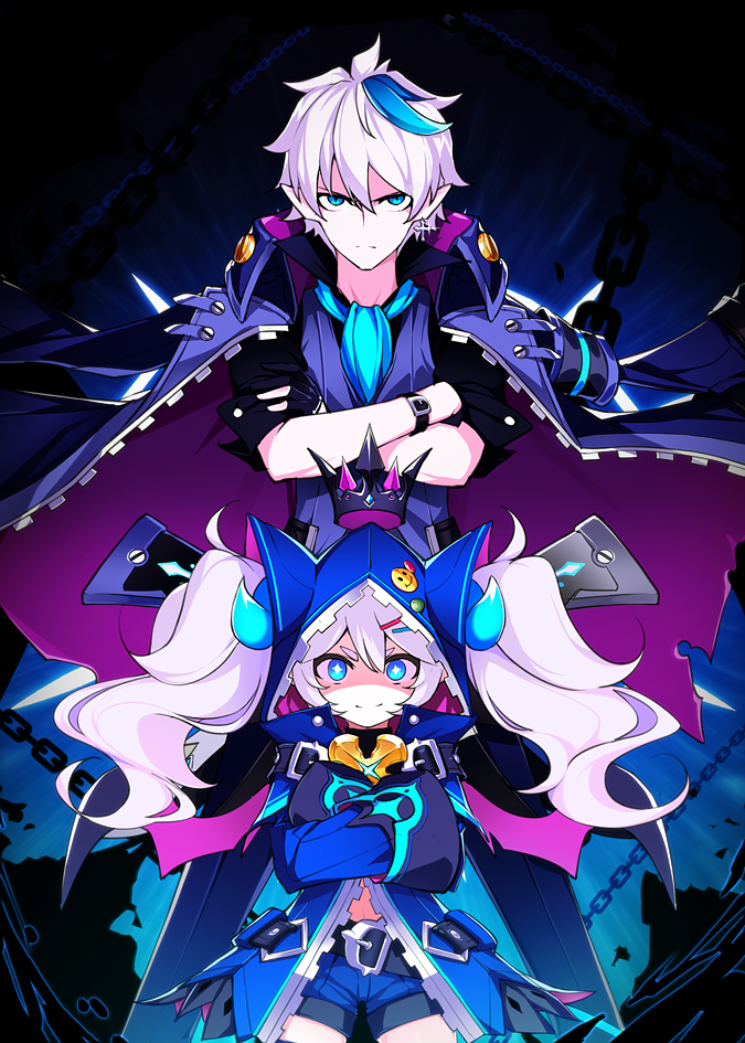1boy, 1girl, belt, black_gloves, blue_coat, blue_hair, blue_horns, blue_neckwear