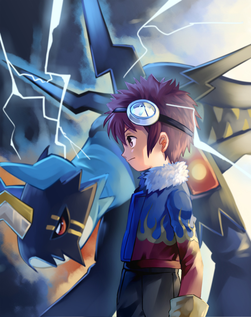 1boy, absurdres, aokiku, bangs, black_pants, blue_jacket, blue_skin, brown_hair