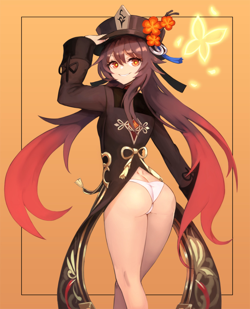 1girl, :d, arm_up, ass, bare_legs, black_headwear, brown_hair, butt_crack