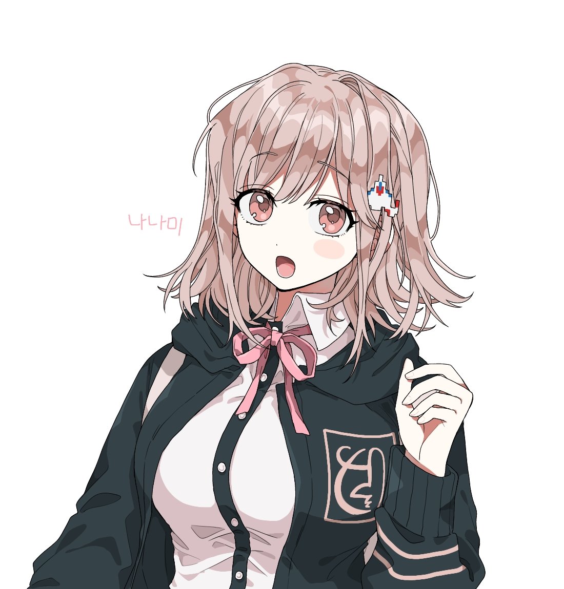 1girl, 3tn_63, :o, bangs, black_jacket, blush_stickers, breasts, commentary_request
