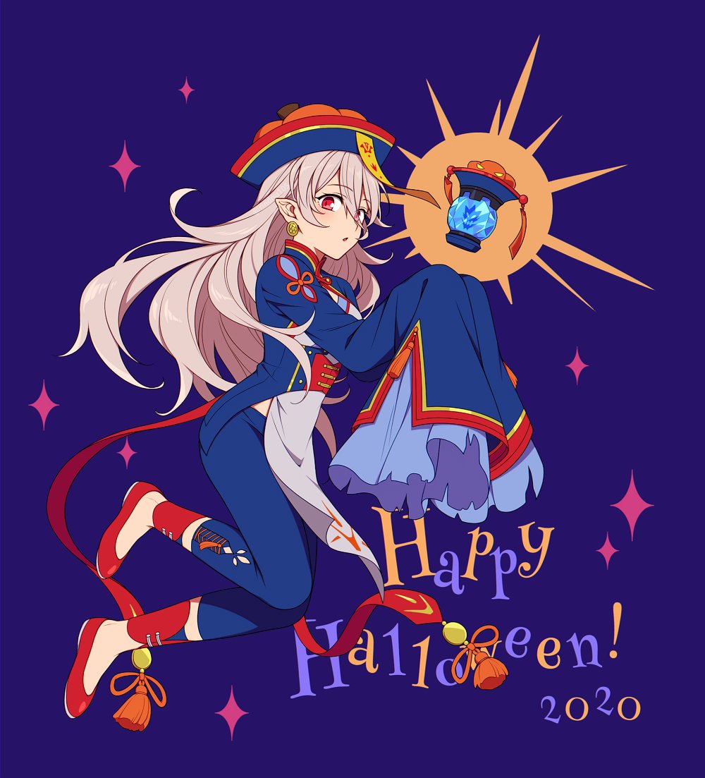 1girl, chinese_clothes, corrin_(fire_emblem), corrin_(fire_emblem)_(female), cosplay, earrings, ena_(fire_emblem), ena_(fire_emblem)_(cosplay), fire_emblem, fire_emblem_fates, fire_emblem_heroes, floating, floating_object, full_body, halloween_costume, happy_halloween, hat, hiyori_(rindou66), jewelry, jiangshi_costume, long_hair, ofuda, pointy_ears, qing_guanmao, red_eyes, simple_background, solo, white_hair