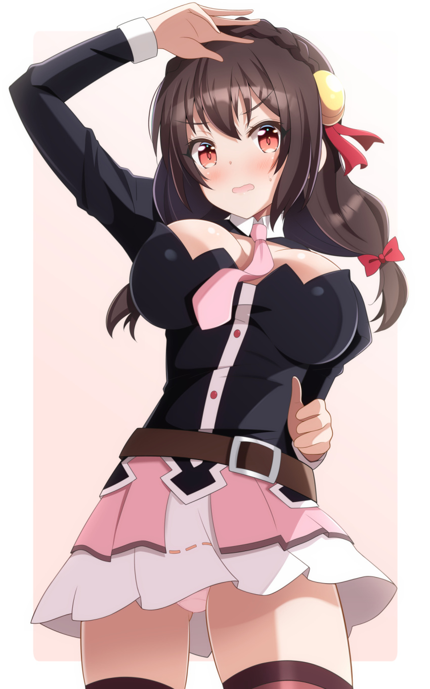 1girl, bangs, belt, between_breasts, black_hair, blush, bow, braid, breasts, bunny1219, crown_braid, eyebrows_visible_through_hair, hair_bow, hair_ornament, highres, kono_subarashii_sekai_ni_shukufuku_wo!, large_breasts, long_hair, looking_at_viewer, miniskirt, necktie, necktie_between_breasts, panties, pantyshot, pink_neckwear, pink_panties, pink_skirt, red_eyes, ribbon, skirt, solo, underwear, yunyun_(konosuba)