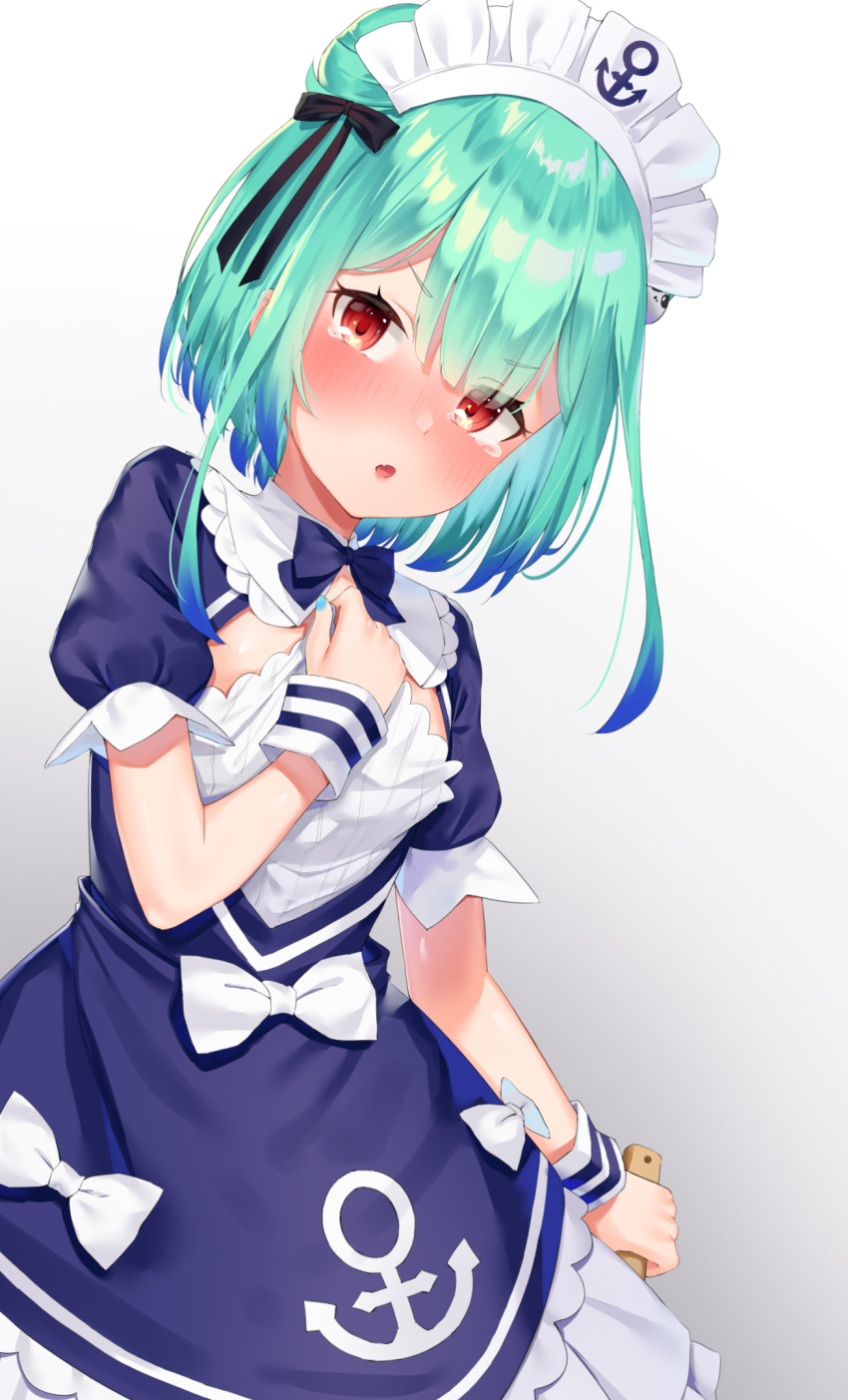 1girl, anchor, anchor_symbol, bangs, black_bow, blue_bow, blue_dress, blue_hair