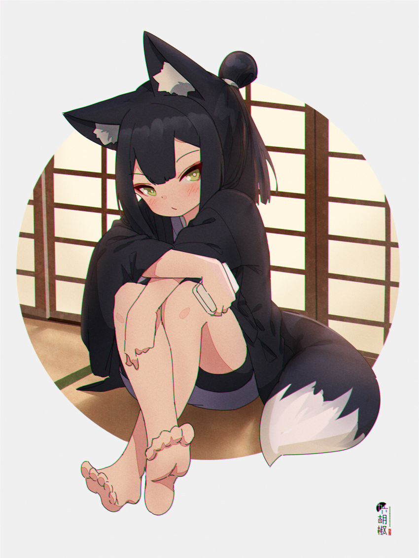 1girl, animal_ear_fluff, animal_ears, bangs, barefoot, black_hair, blush, cellphone, closed_mouth, commentary_request, fox_ears, fox_girl, fox_tail, full_body, green_eyes, hair_bun, highres, holding, holding_phone, japanese_clothes, kimono, knees_up, kuro_kosyou, long_sleeves, looking_at_viewer, open_clothes, original, phone, purple_kimono, soles, solo, tail, wide_sleeves, yui_(kuro_kosyou)