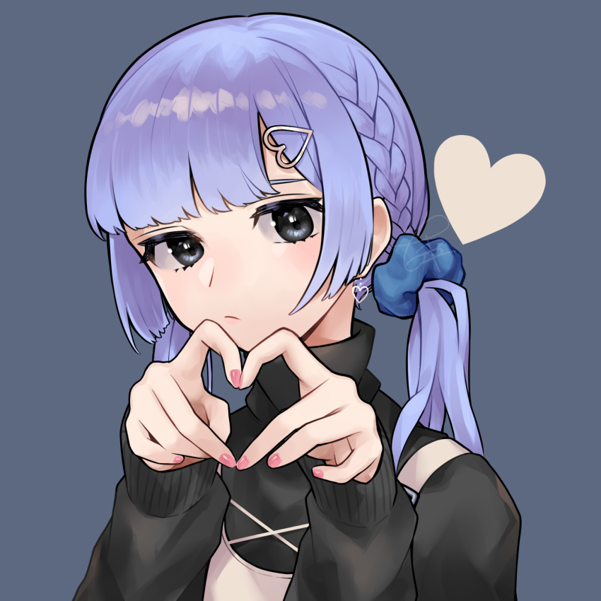 1girl, b-grlew, black_eyes, black_sweater, blue_background, braid, closed_mouth, eyebrows_behind_hair, hair_ornament, heart, heart_hair_ornament, heart_hands, highres, light_purple_hair, long_sleeves, original, scrunchie, solo, sweater, turtleneck, turtleneck_sweater, twintails