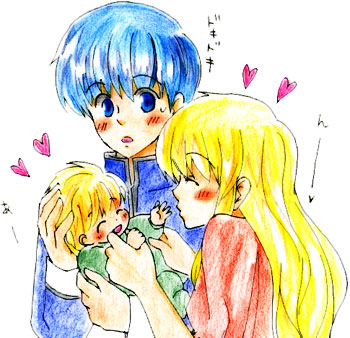 blonde_hair, blue_eyes, blue_hair, family, father_and_daughter, fin, finn_(fire_emblem), fire_emblem