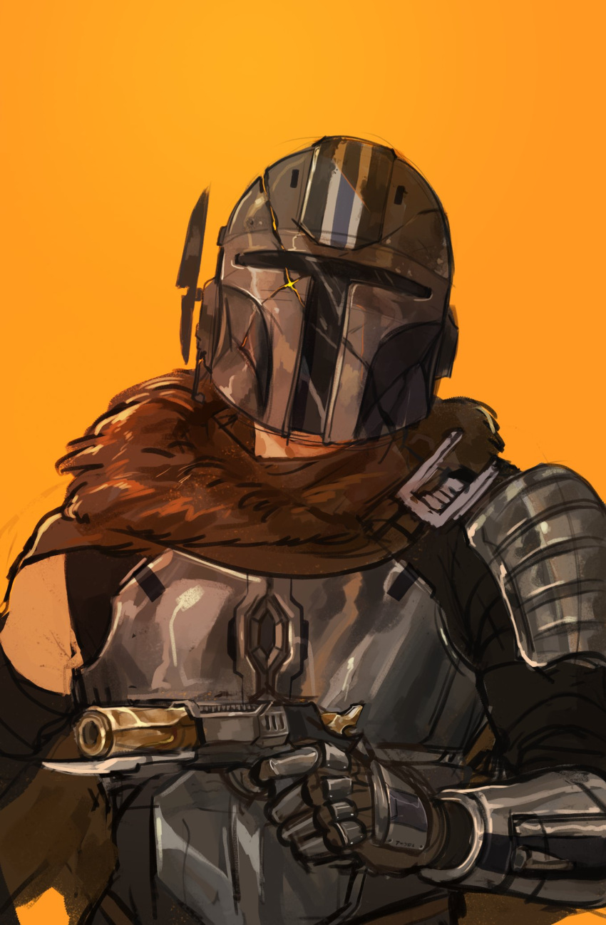 1boy, bayonet, brown_scarf, elbow_gloves, gloves, gun, handgun, head_tilt