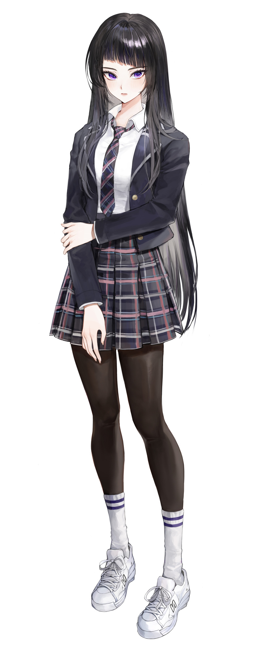 1girl, absurdres, black_hair, blazer, blush, breasts, collared_shirt, full_body, hand_on_own_arm, highres, hongnabya, jacket, leggings, long_hair, looking_at_viewer, medium_breasts, mole, mole_under_eye, necktie, new_balance, original, plaid, plaid_neckwear, plaid_skirt, school_uniform, shirt, shoes, skirt, sneakers, solo, very_long_hair, violet_eyes, white_shirt