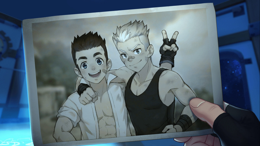 1boy, artist_request, bandaid, bandaid_on_face, black_tank_top, blush, child, dark