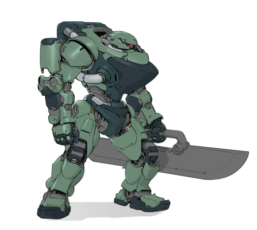 clenched_hands, double-blade, highres, holding, holding_weapon, j_z, looking_ahead, mecha, no_humans, one-eyed, original, red_eyes, science_fiction, solo, standing, weapon