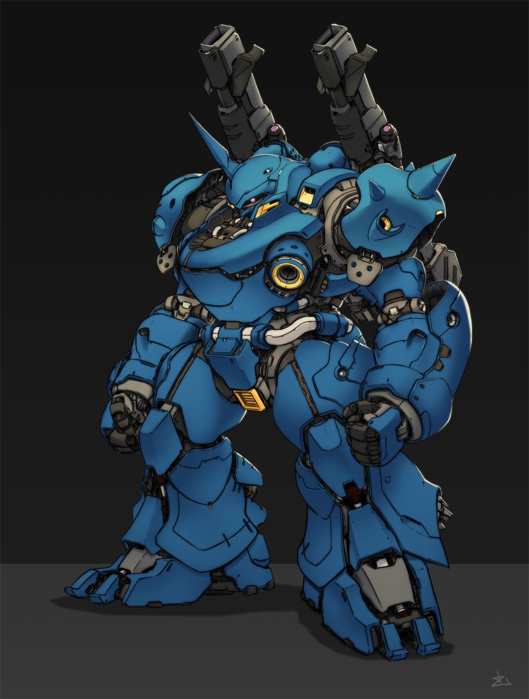 black_background, clenched_hands, gundam, gundam_0080, highres, horns, j_z, kampfer_(mobile_suit), mecha, mobile_suit, one-eyed, pink_eyes, science_fiction, single_horn, solo, standing, zeon