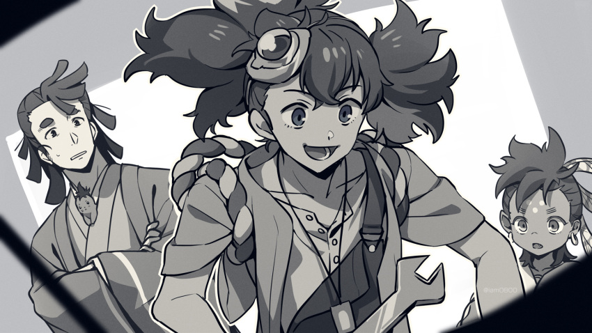 3boys, :d, animal, appare-ranman!, bangs, buttons, collarbone, commentary