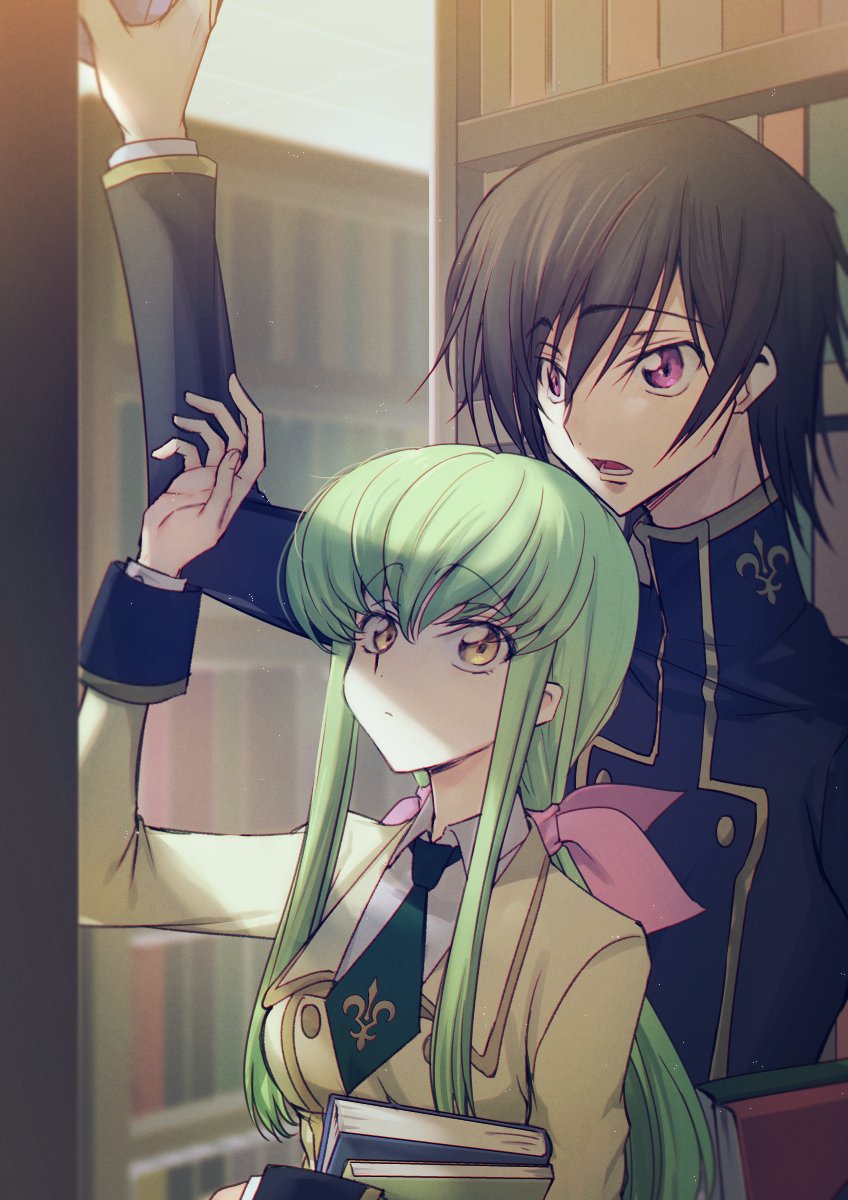 1boy, 1girl, arm_up, ashford_academy_uniform, black_hair, book, bookshelf, c.c.