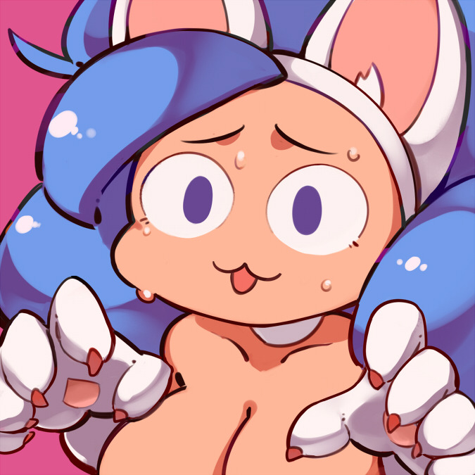 1girl, animal_ears, blue_eyes, blue_hair, breasts, cat_ears, cat_girl, chibi, distress, felicia, felicia_(vampire), large_breasts, sweat, vampire_(game), zako_(arvinry)