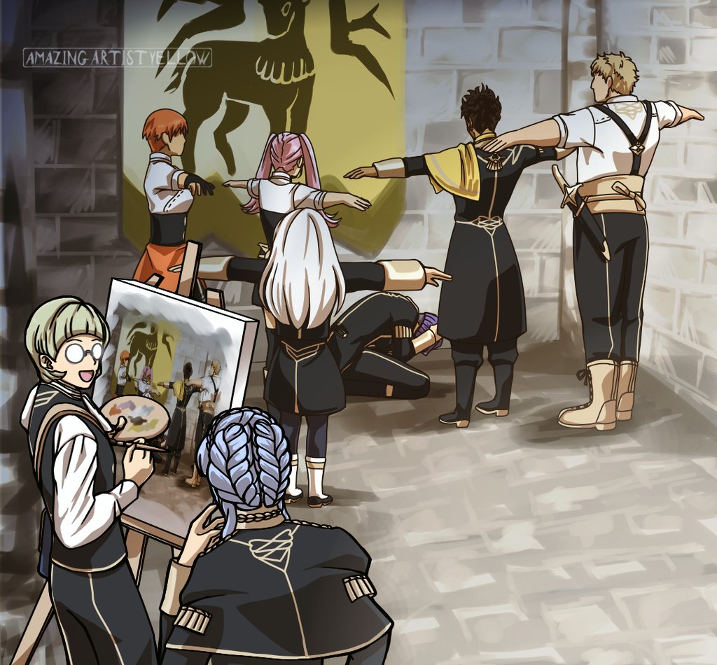 4boys, 4girls, :d, amazingartistyellow, black_footwear, black_gloves, black_hair, black_jacket