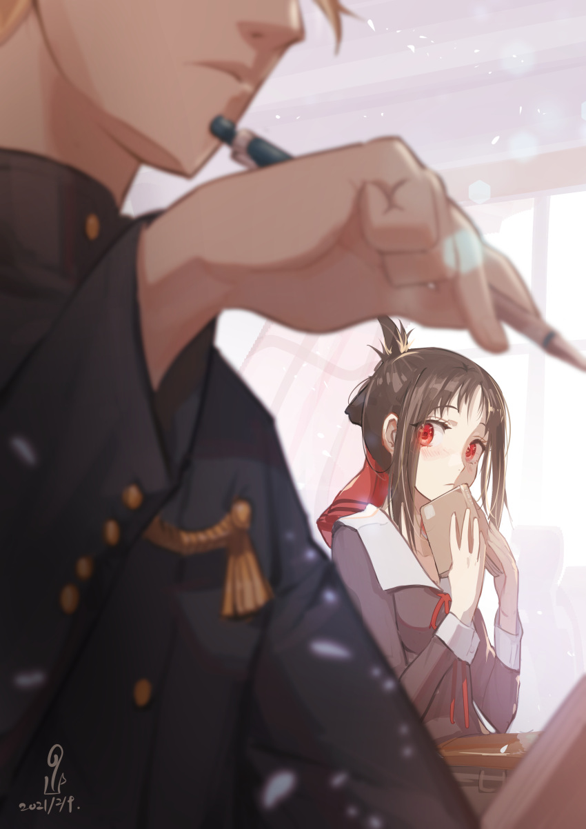 1boy, 1girl, absurdres, bangs, black_hair, black_jacket, blonde_hair, blurry