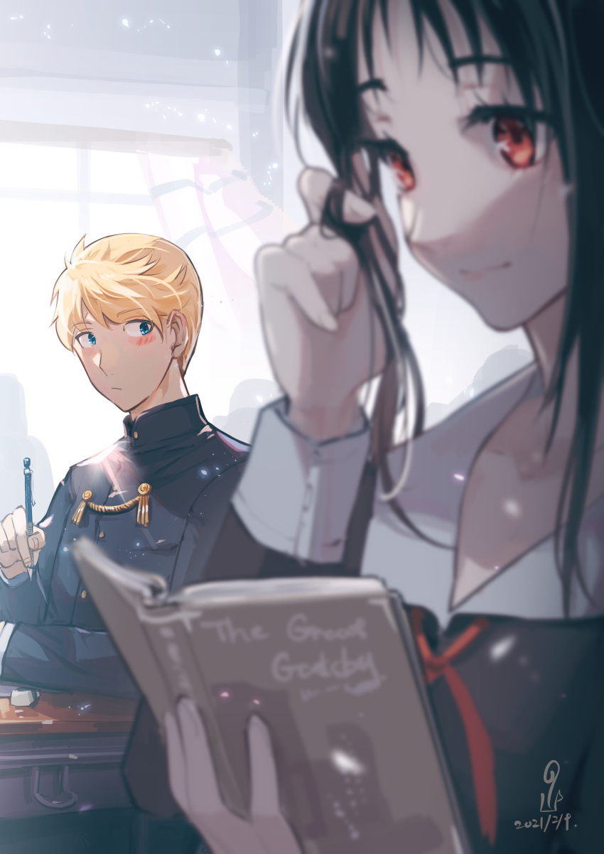 1boy, 1girl, absurdres, bangs, black_hair, black_jacket, blonde_hair, blurry
