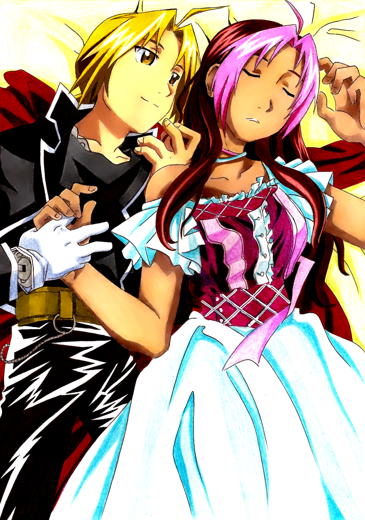 brown_hair, dress, edward_elric, fullmetal_alchemist, hand_holding, holding_hands, izayae, long_hair