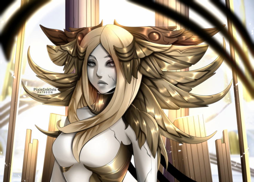 1girl, blonde_hair, blurry_foreground, breasts, colored_skin, cracked_skin, final_fantasy, final_fantasy_xiv